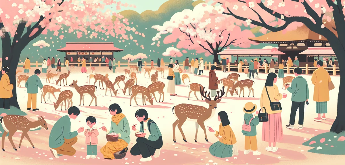 Nara deer park with families feeding deer, cherry blossom petals, spring atmosphere