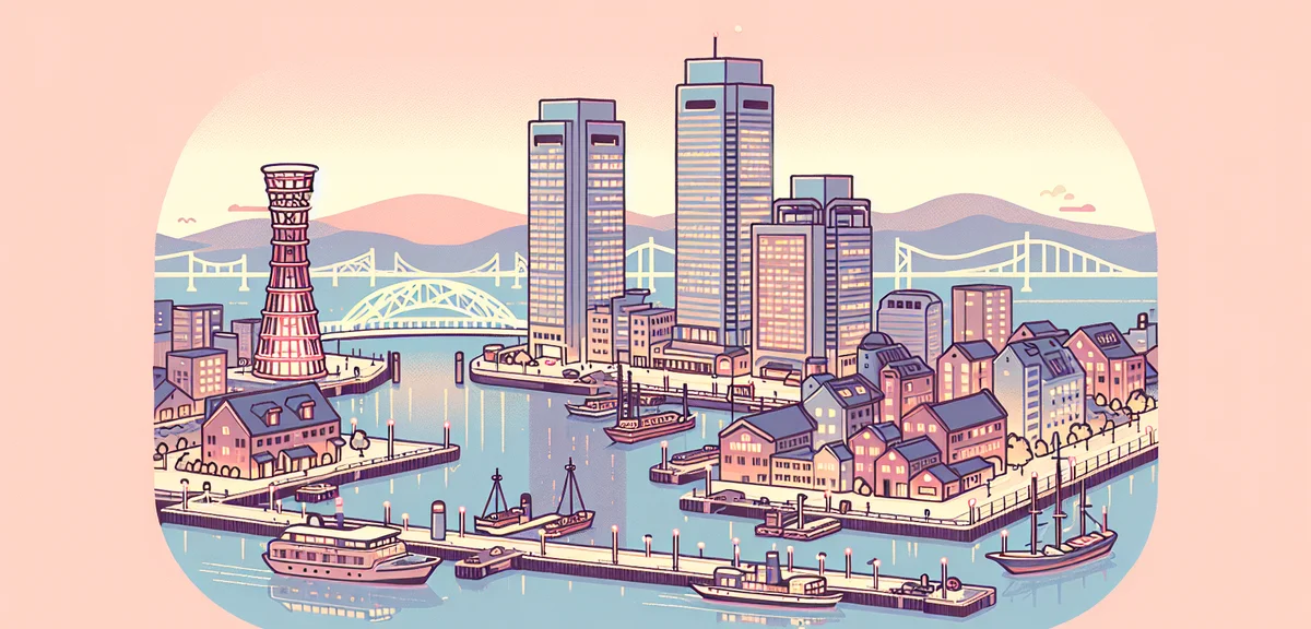 Kobe harbor night view from Meriken Park, modern cityscape, romantic evening