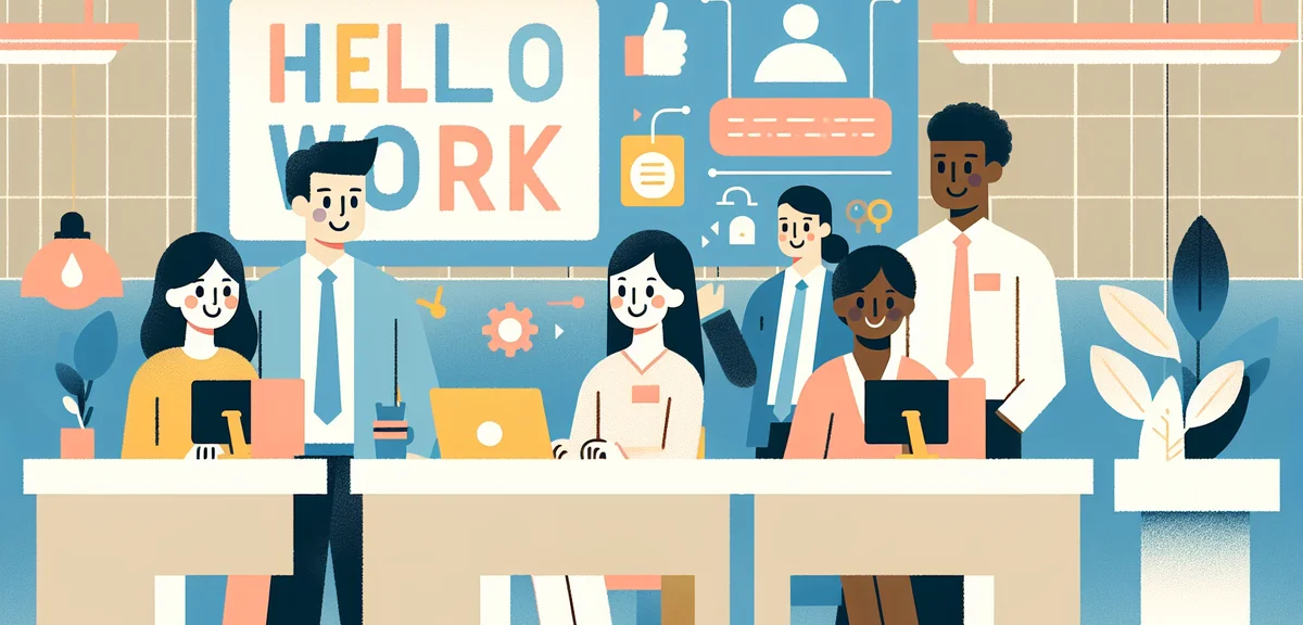 Job seekers using computer terminals at Hello Work, career consultation scene