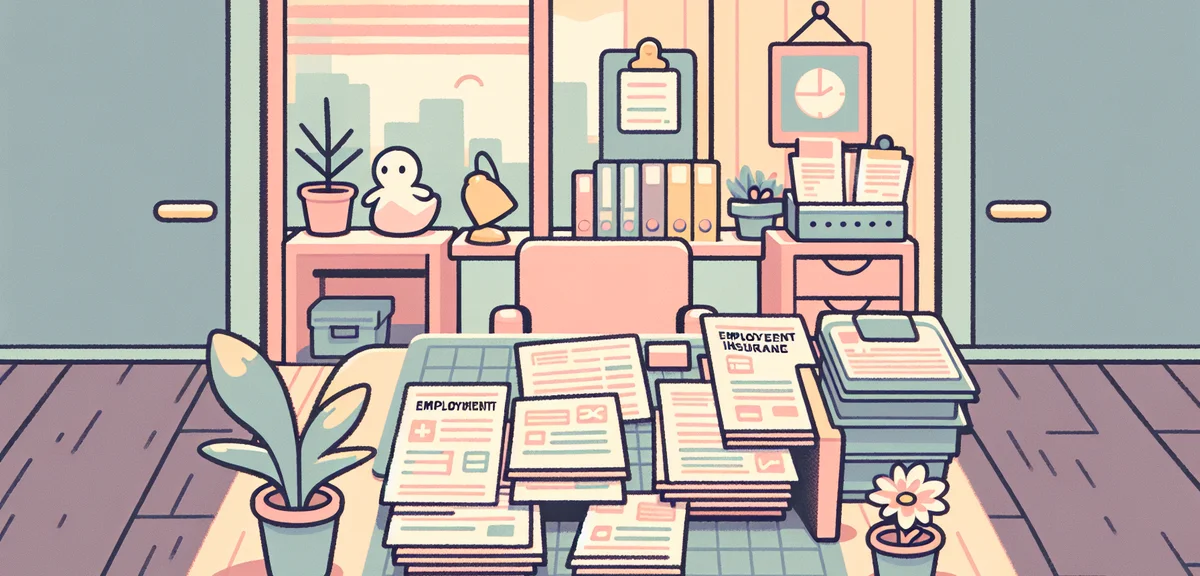 Official documents and forms on desk, employment insurance paperwork, office setting