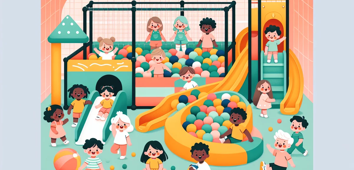 Indoor kids play area with colorful ball pit and slides, children having fun