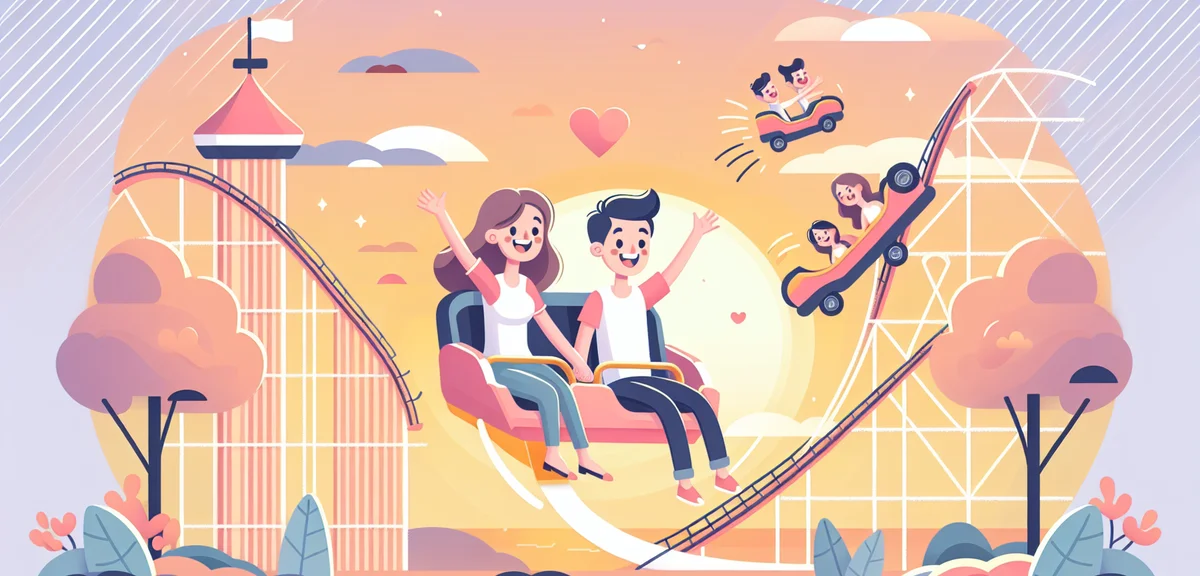 Couples enjoying amusement park ride, sunset lighting, romantic atmosphere