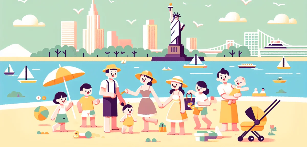 Odaiba beach area with families playing, Statue of Liberty replica, sunny day