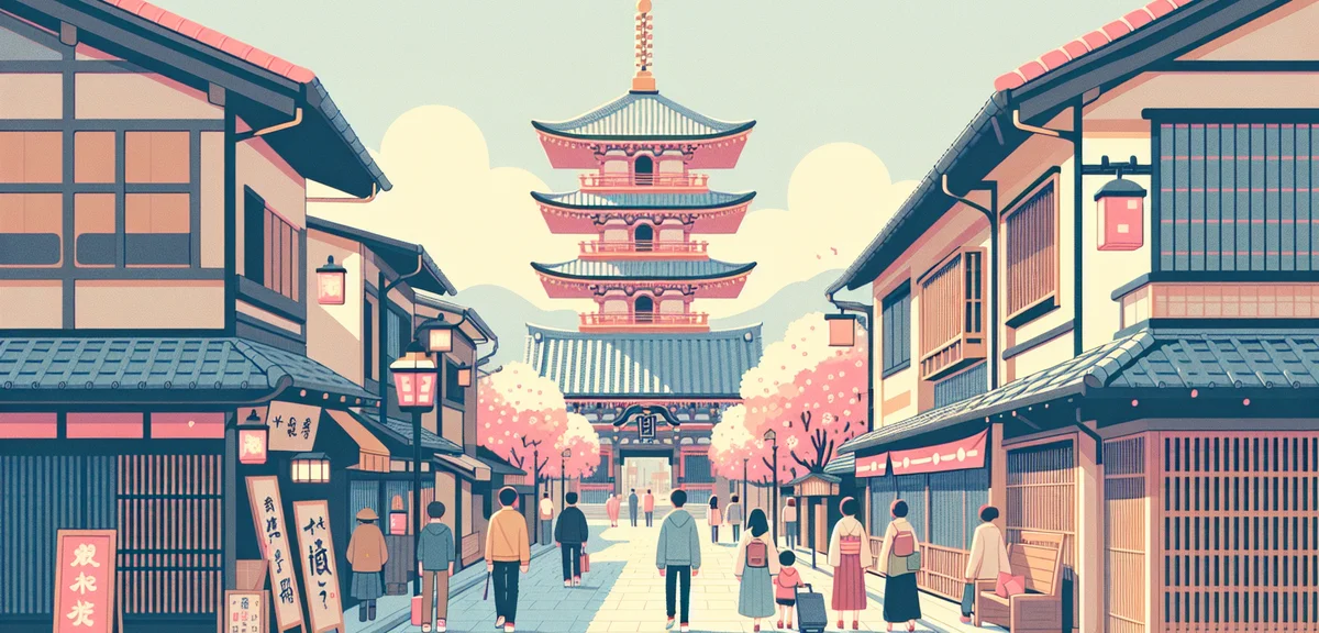 Kawagoe Toki no Kane bell tower with traditional Japanese street, spring atmosphere, tourists walkin