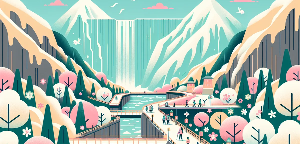 Tateyama Kurobe Alpine Route snow wall with tourists walking, impressive snow corridor, spring scene