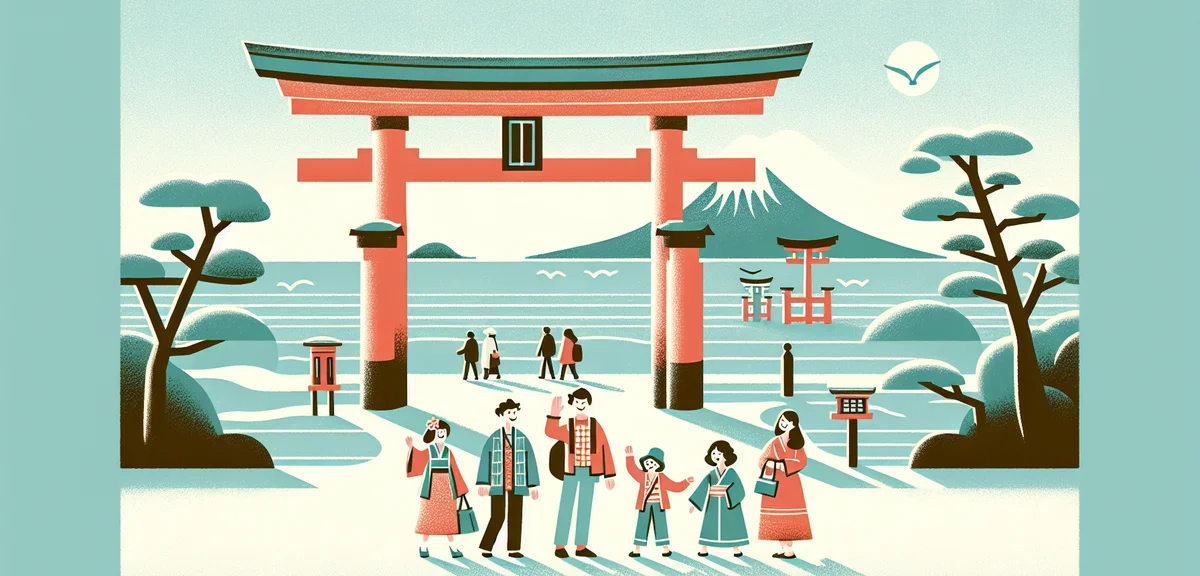 Enoshima Island shrine entrance with tourists, traditional torii gate, ocean view background