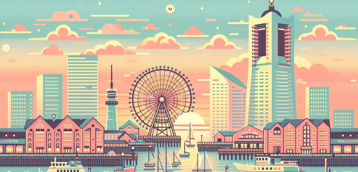 Yokohama Minato Mirai skyline with Ferris wheel and Landmark Tower, sunset harbor view