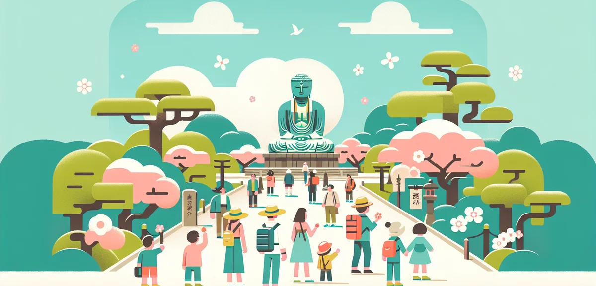 Kamakura Great Buddha statue with tourists, spring greenery, historical monument