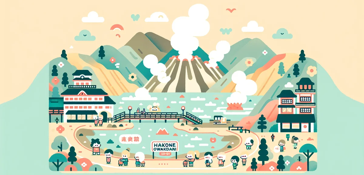 Hakone Owakudani volcanic valley with steam vents, dramatic landscape, tourists