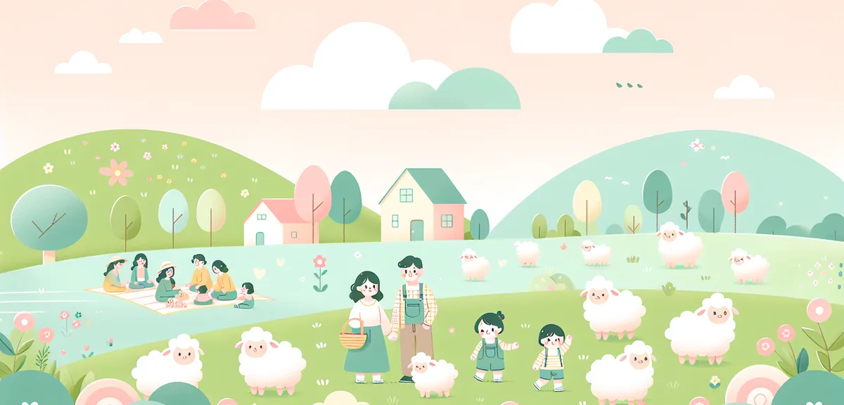 Mother Farm Chiba Japan, sheep grazing on green hillside, families enjoying outdoor activities, spri