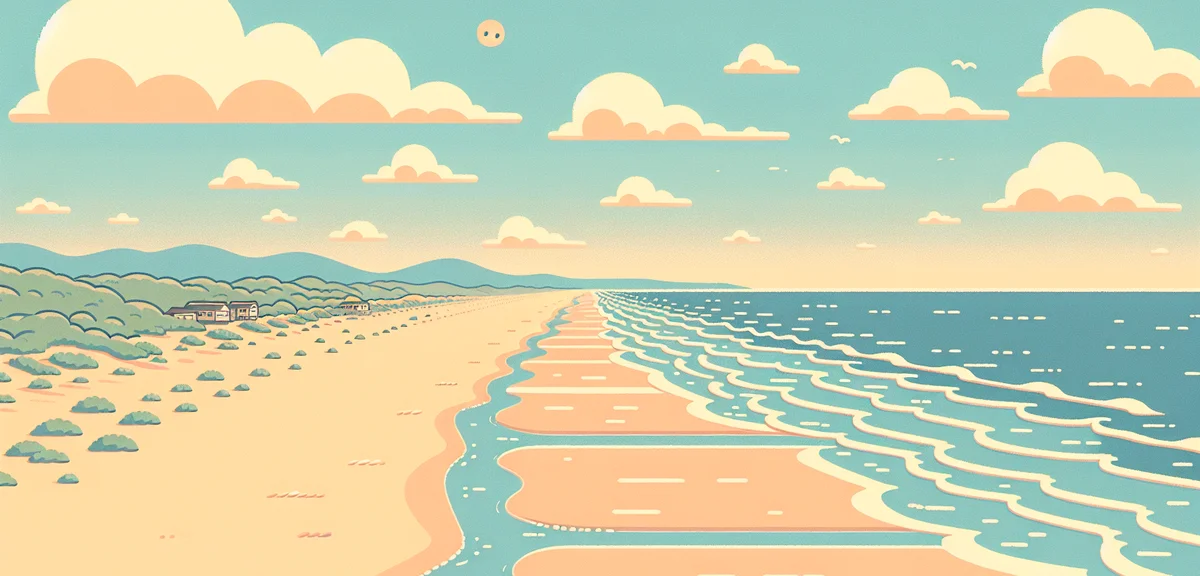 Kujukuri Beach Chiba Japan, wide sandy coastline stretching into the distance, gentle waves, spring