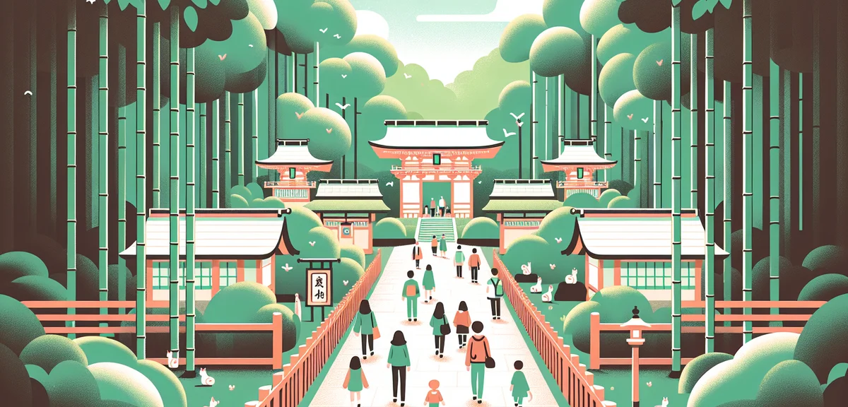 Shuzenji Temple Izu Peninsula, bamboo grove path with visitors, traditional Japanese atmosphere, spr