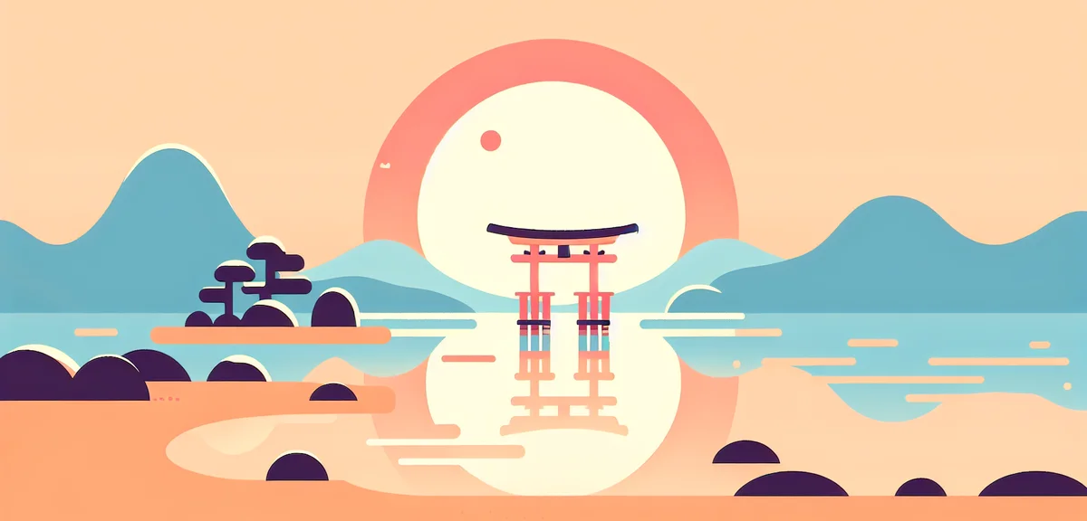 Lake Hamana Shizuoka Japan, sunset view with torii gate, calm water reflection, peaceful evening sce