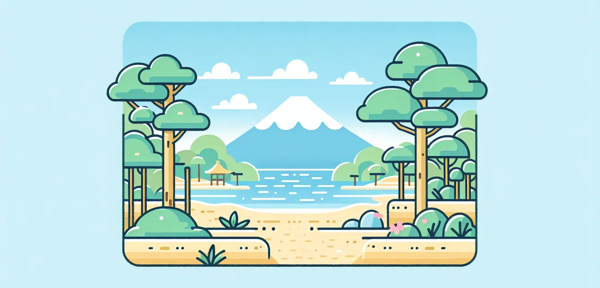 Miho no Matsubara pine grove with Mount Fuji in background, sandy beach and blue ocean, clear sky, i