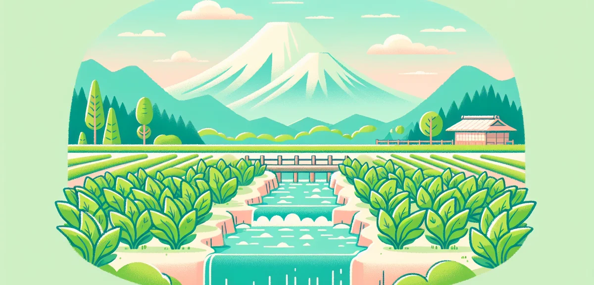 Azumino wasabi farm Nagano, crystal clear spring water flowing through green wasabi fields, Japanese