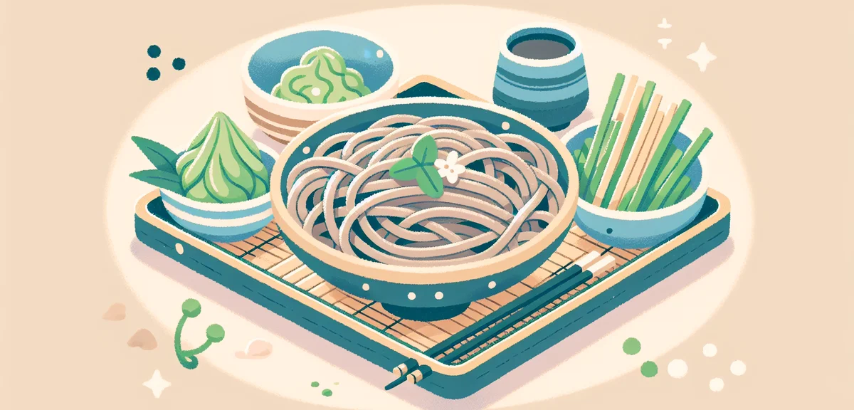 Togakushi soba noodles served in traditional bamboo tray, rustic Japanese restaurant setting, fresh