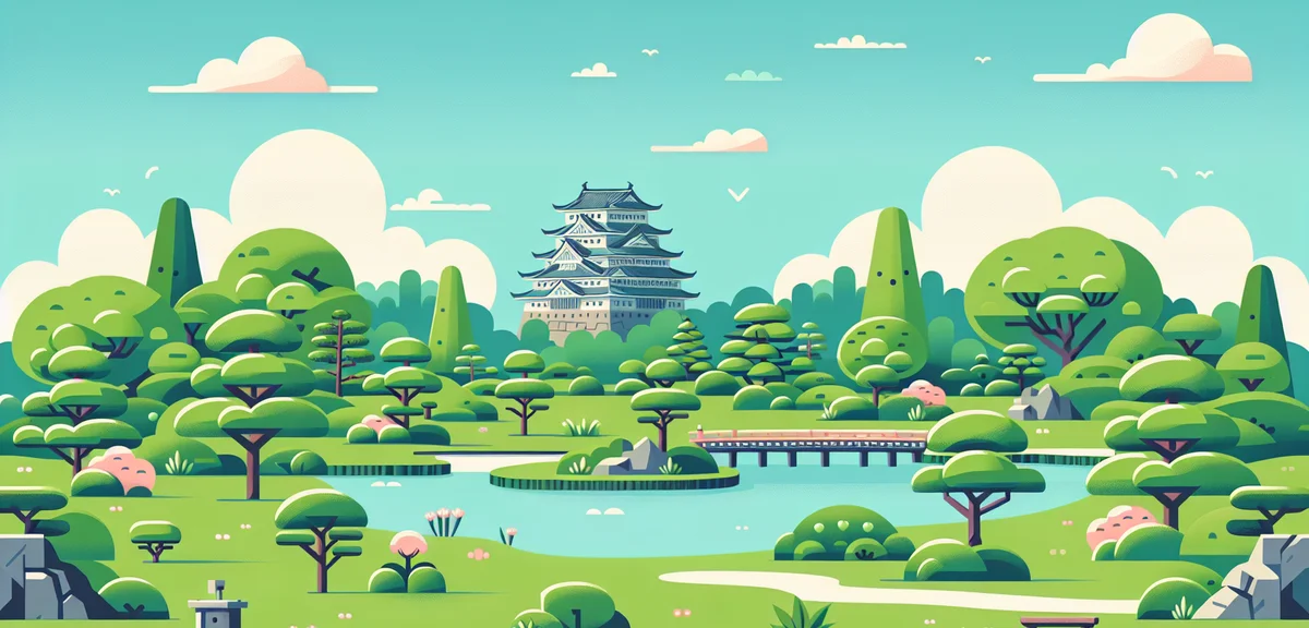 Okayama Korakuen Garden in spring, lush green lawn with traditional Japanese garden elements, Okayam