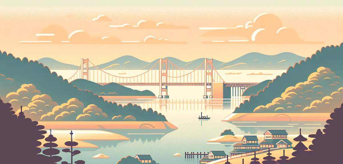 Seto Ohashi Bridge panoramic view from Washuzan Hill, calm Seto Inland Sea with small islands, golde