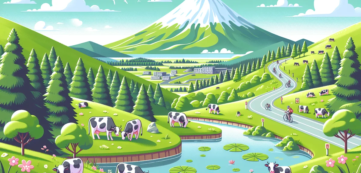 Hiruzen Highland in spring, green pastures with Jersey cows grazing, Mount Hiruzen in background, cy