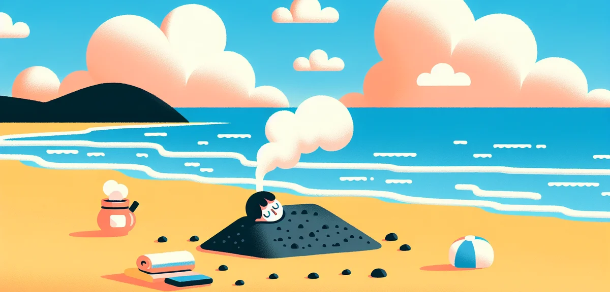 Ibusuki sand bath onsen, person lying buried in warm black volcanic sand on beach, steam rising, oce