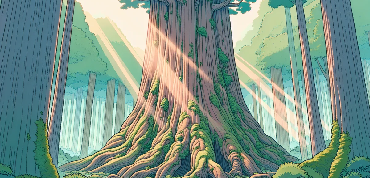 Yakushima ancient Jomon Sugi cedar tree, massive thousand-year-old tree trunk covered in moss, mysti