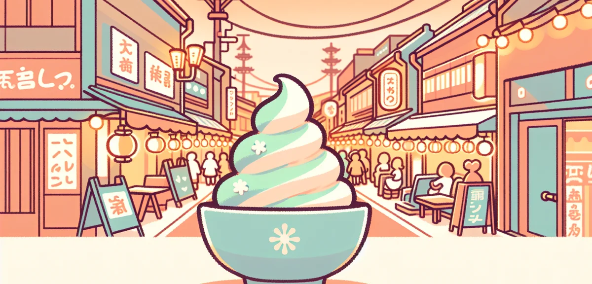 Kagoshima Tenmonkan street at evening, vibrant shopping arcade with warm lights, Shirokuma shaved ic