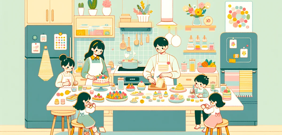 Home cooking scene, family making colorful desserts together in bright modern kitchen, ingredients s