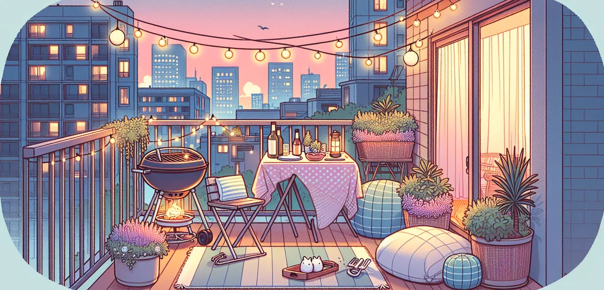 Balcony glamping setup at Japanese apartment, string lights, small BBQ grill, potted plants, cushion