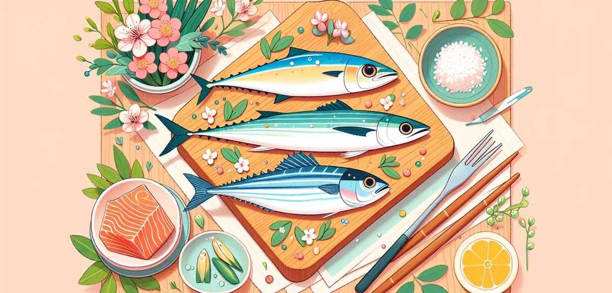 Various fresh Japanese fish species (horse mackerel, sea bass, rockfish) arranged on a wooden cuttin