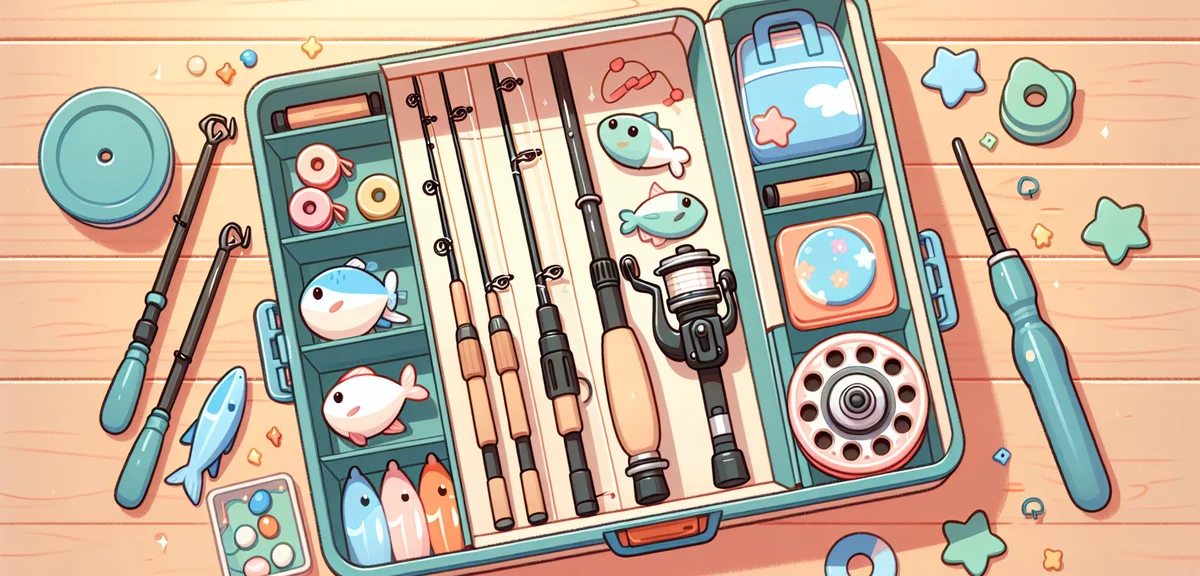A well-organized fishing tackle box with beginner-friendly equipment, rods, reels, and bait laid out