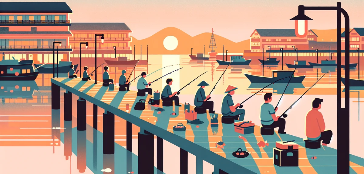 A row of anglers fishing along a peaceful Japanese harbor pier at golden hour, calm sea reflecting t