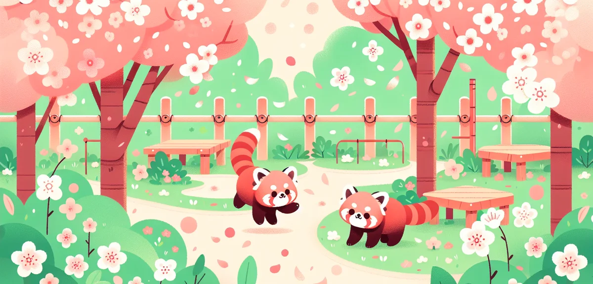 Cute red pandas playing in a lush green Japanese zoo enclosure during spring, cherry blossom petals