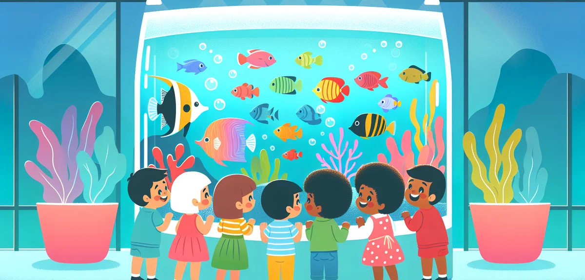 A colorful tropical fish tank in a modern Japanese aquarium, with children pressing faces against th
