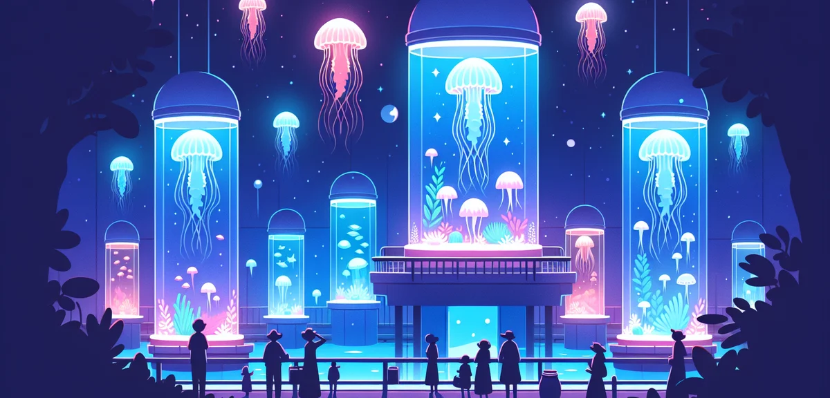 A magical night aquarium scene with jellyfish tanks illuminated in purple and blue LED lights, silho