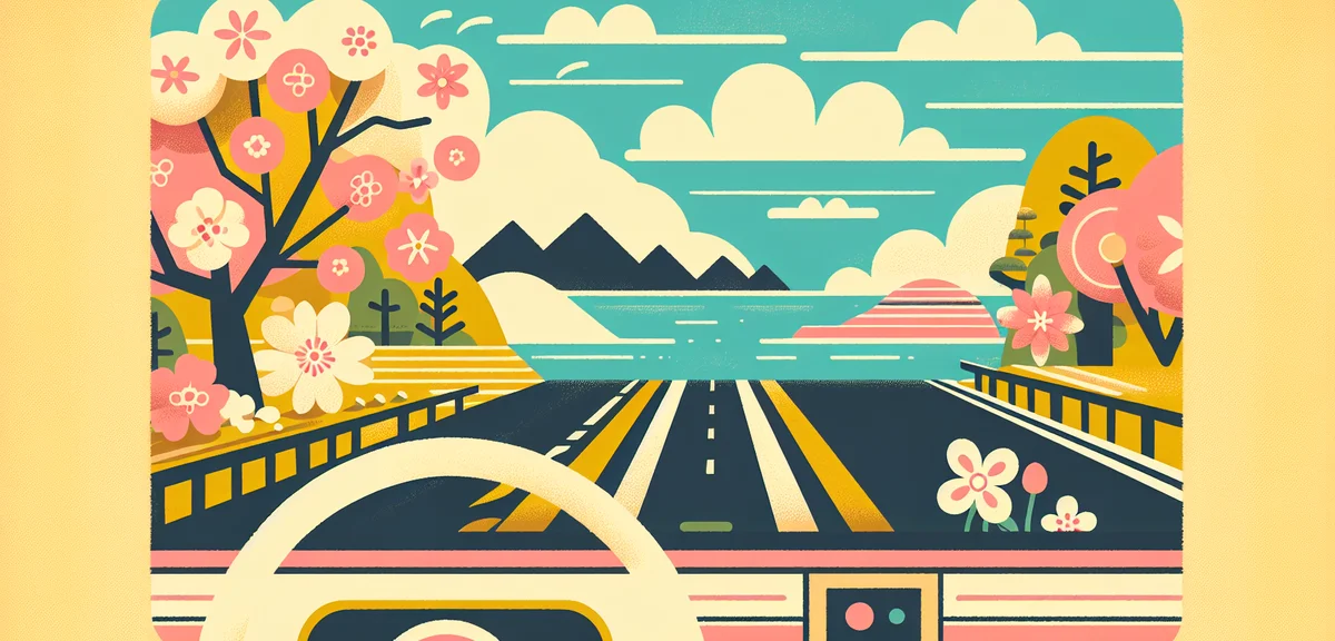 A scenic Japanese coastal highway drive during spring, car dashboard POV, clear blue ocean view, bri