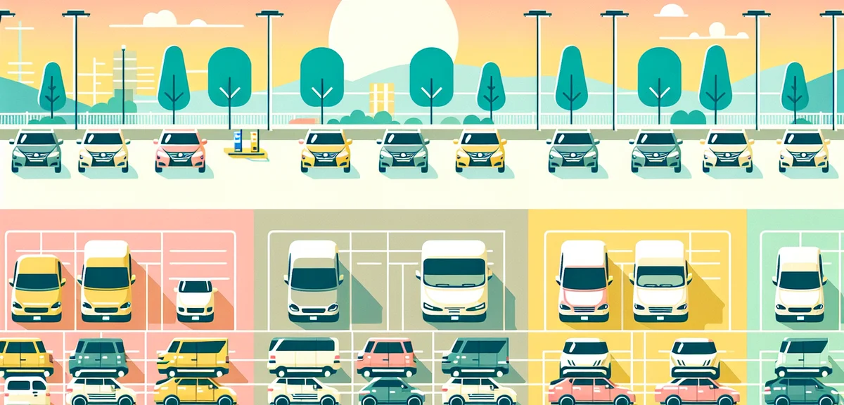 A comparison display of different rental car types from compact to SUV and minivan, parked in a clea