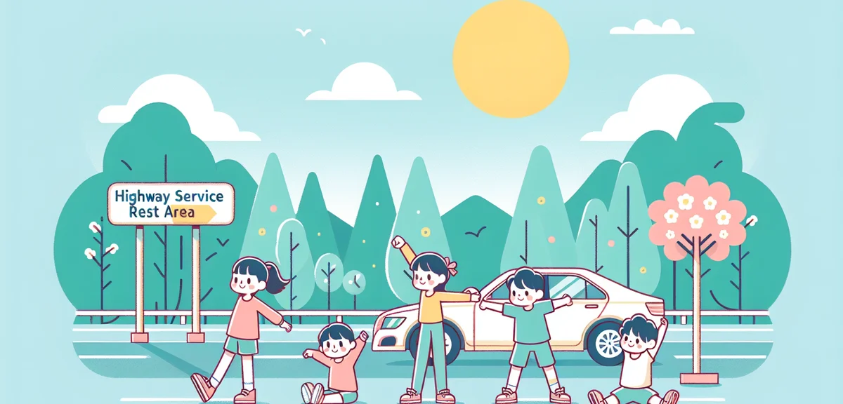 A Japanese family taking a break at a highway service area rest stop during a spring road trip, chil