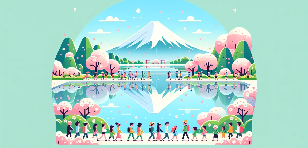 Mount Fuji reflected in Lake Kawaguchiko with spring cherry blossoms, tourists walking along lakesid