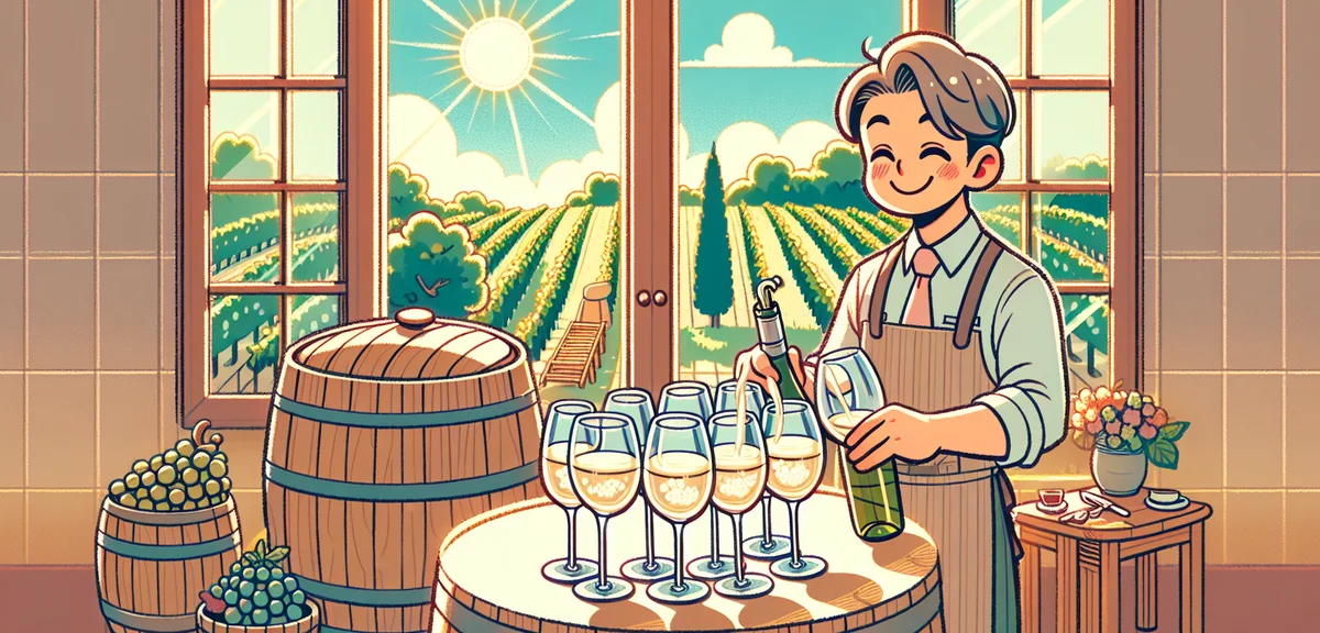 Yamanashi wine tasting at a traditional winery in Katsunuma, wooden barrels in background, sommelier