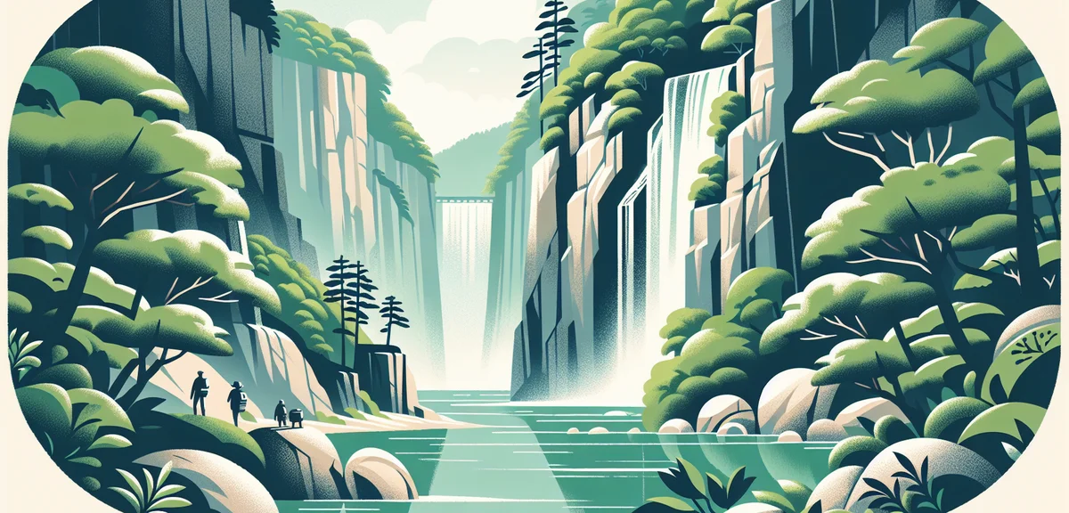 Shosenkyo Gorge in spring, dramatic granite rock formations rising above emerald green river, fresh