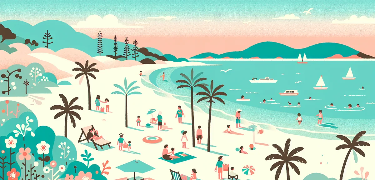 Shirahama Beach Wakayama, white sand beach with crystal clear turquoise water, families playing on b