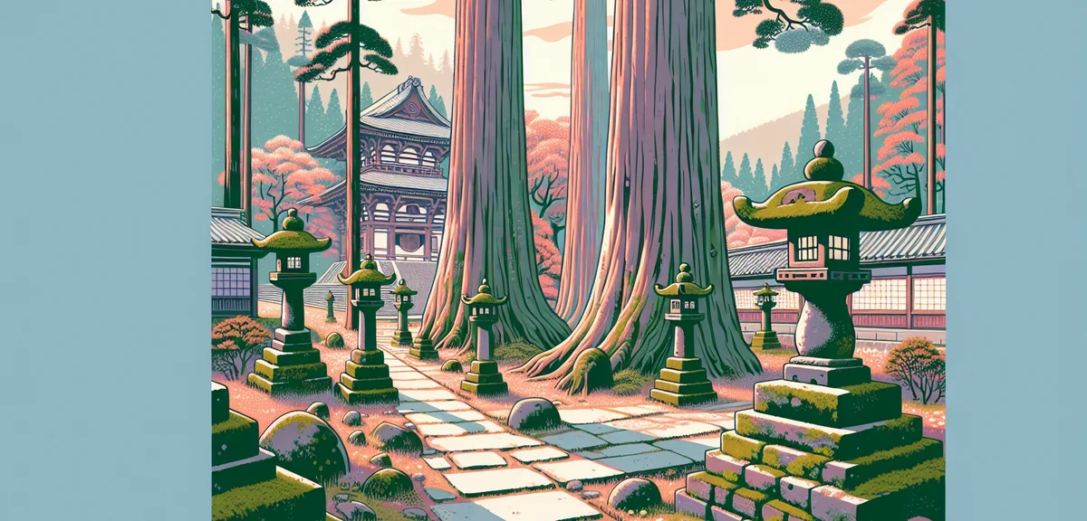 Koyasan Buddhist temple complex in spring, towering ancient cedar trees lining stone path, moss-cove