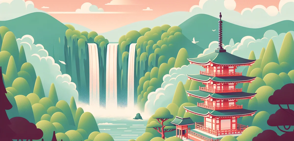 Nachi Falls with vermillion three-story pagoda, lush green forest surrounding, misty spray from wate