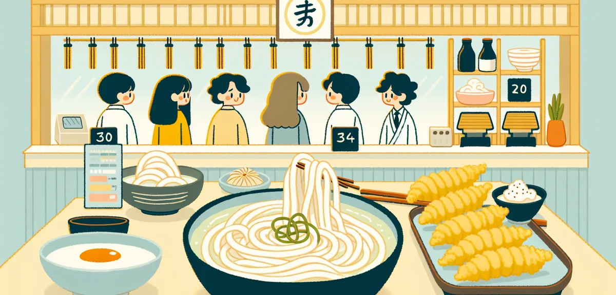 Authentic Sanuki udon noodle shop in Kagawa, thick glossy white udon noodles in clear dashi broth, c