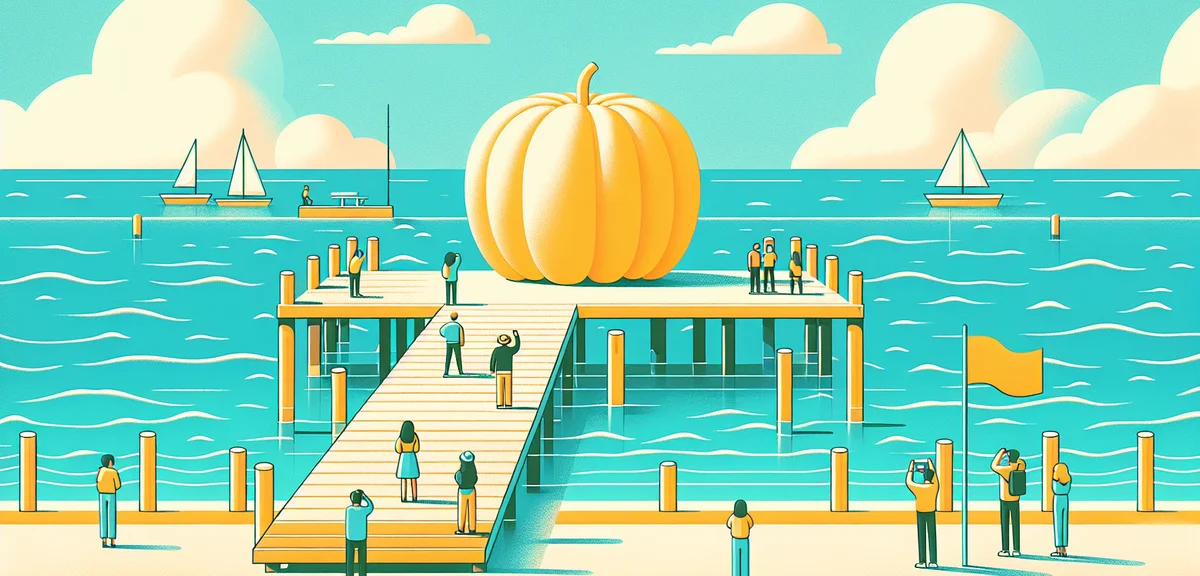 Naoshima island yellow pumpkin sculpture by Yayoi Kusama on seaside pier, calm turquoise Seto Inland