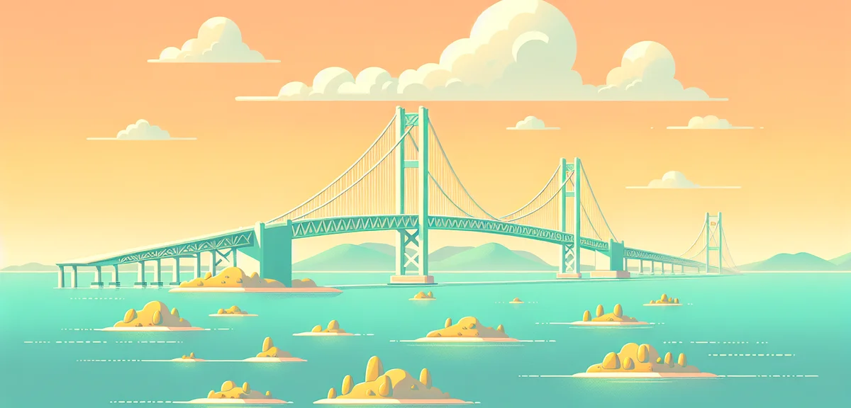 Seto Ohashi Bridge stretching across calm Seto Inland Sea, panoramic view from elevated viewpoint, s