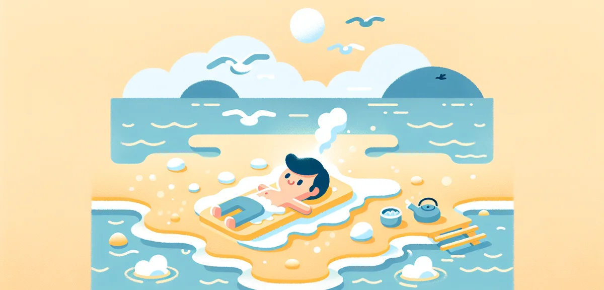 Beppu sand bath experience on the beach, person lying covered in warm sand, ocean view, steam rising