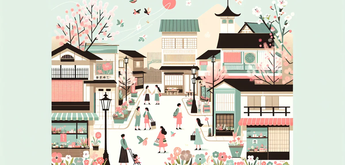 Yufuin main street Yunotsubo Kaido with charming shops, tourists walking, traditional Japanese towns