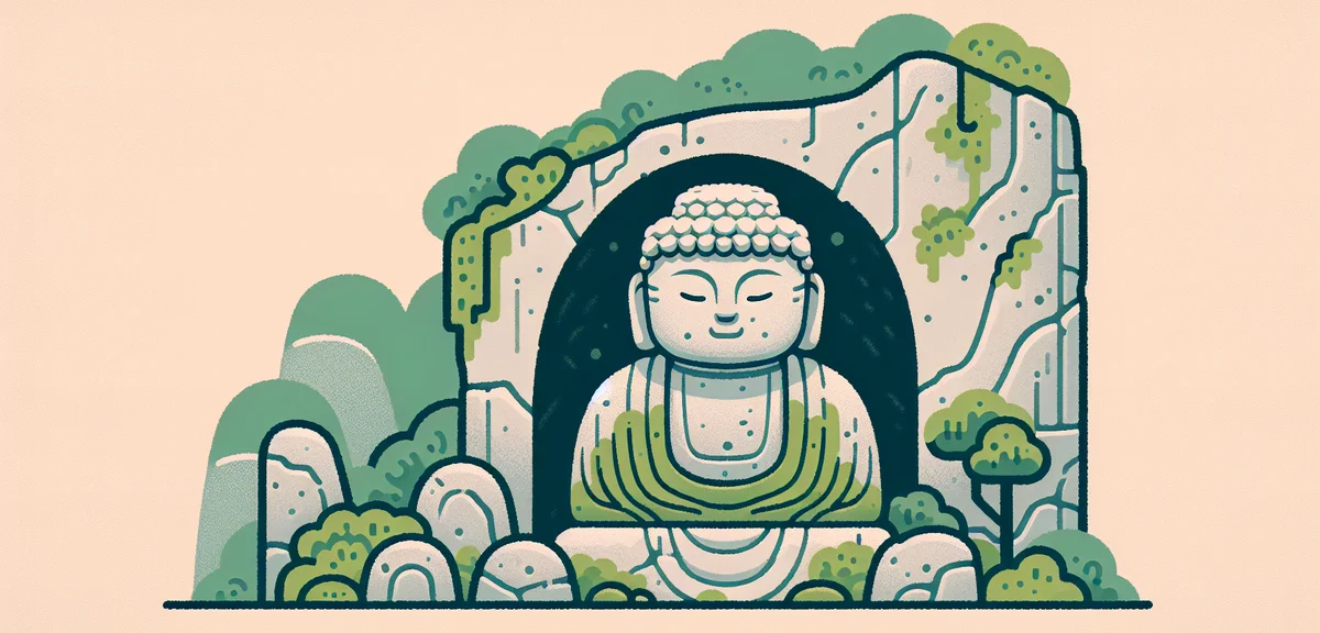 Usuki stone Buddha statues carved into rock cliff face, ancient Japanese Buddhist sculpture, moss-co