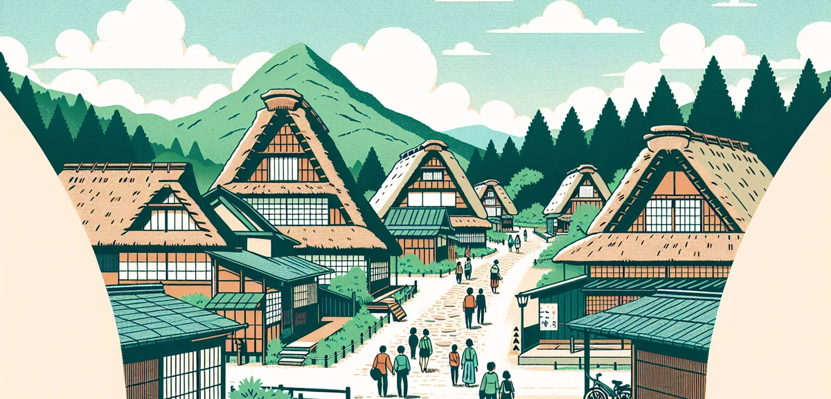Ouchi-juku traditional thatched roof village street with mountains behind, tourists walking on old r
